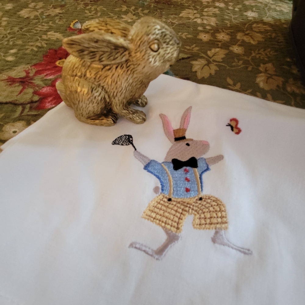 Embroidered Bunny Cotton Tea Towel Butterfly Easter Cute! FINAL PRICE!